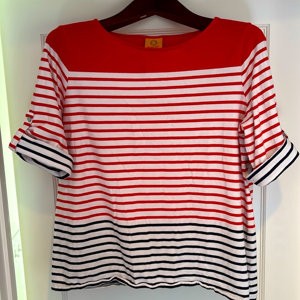 Ruby Rd. boatneck red, white, & navy blue striped short sleeve top